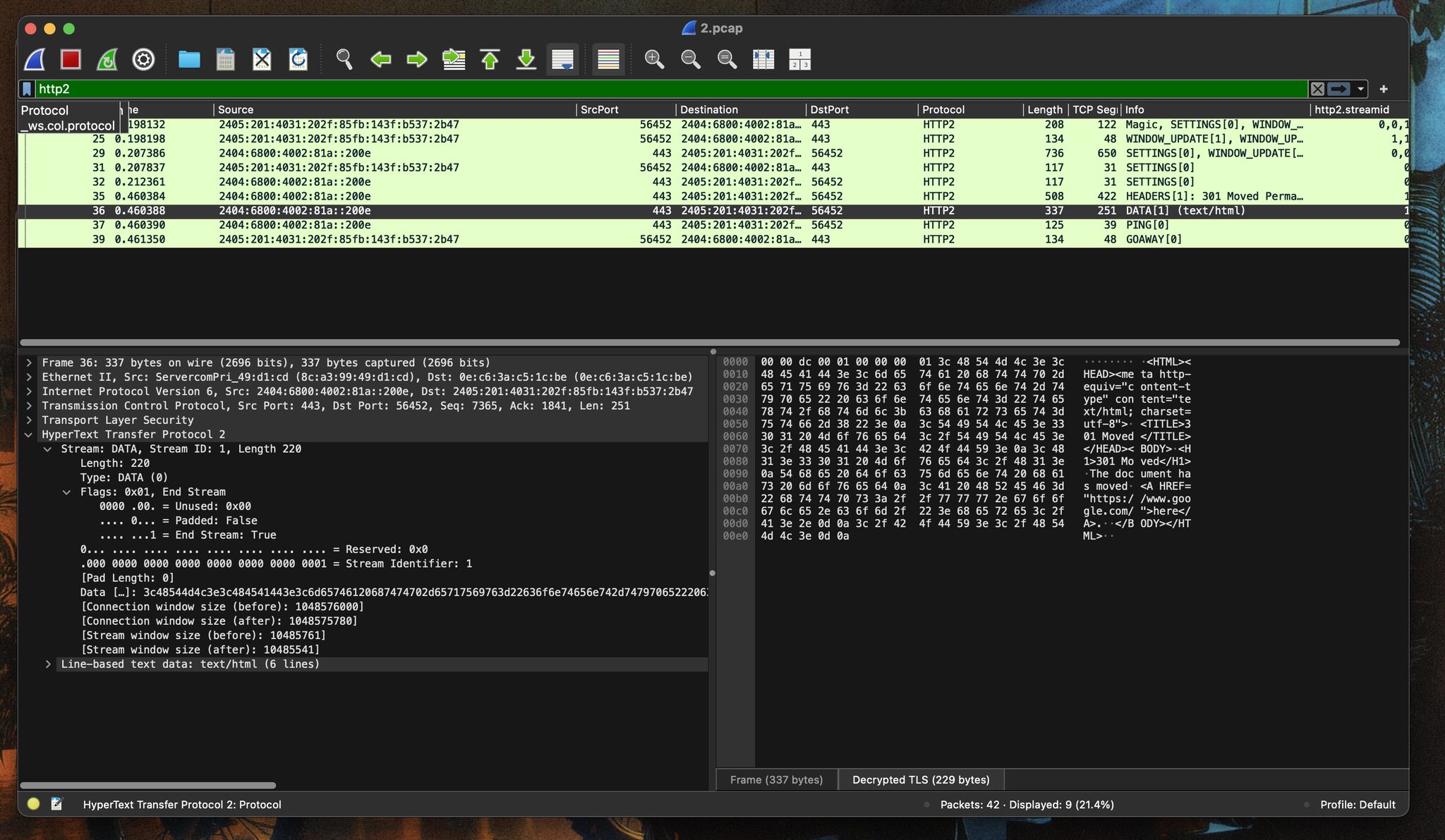 Wireshark HTTP/2 capture